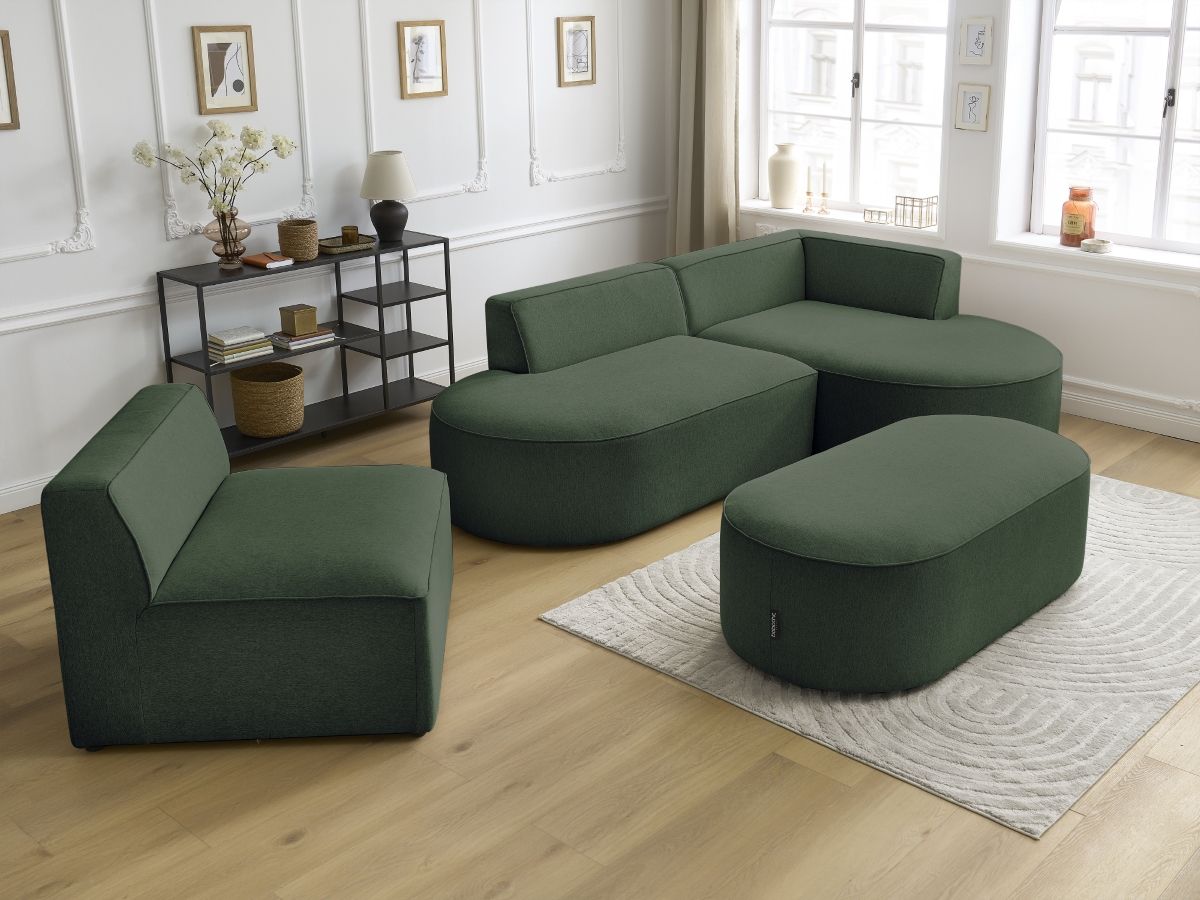 ROUSSEAU modulaire vaste hoekbank in gemêleerde stof met 1 fauteuil en 1 poef
