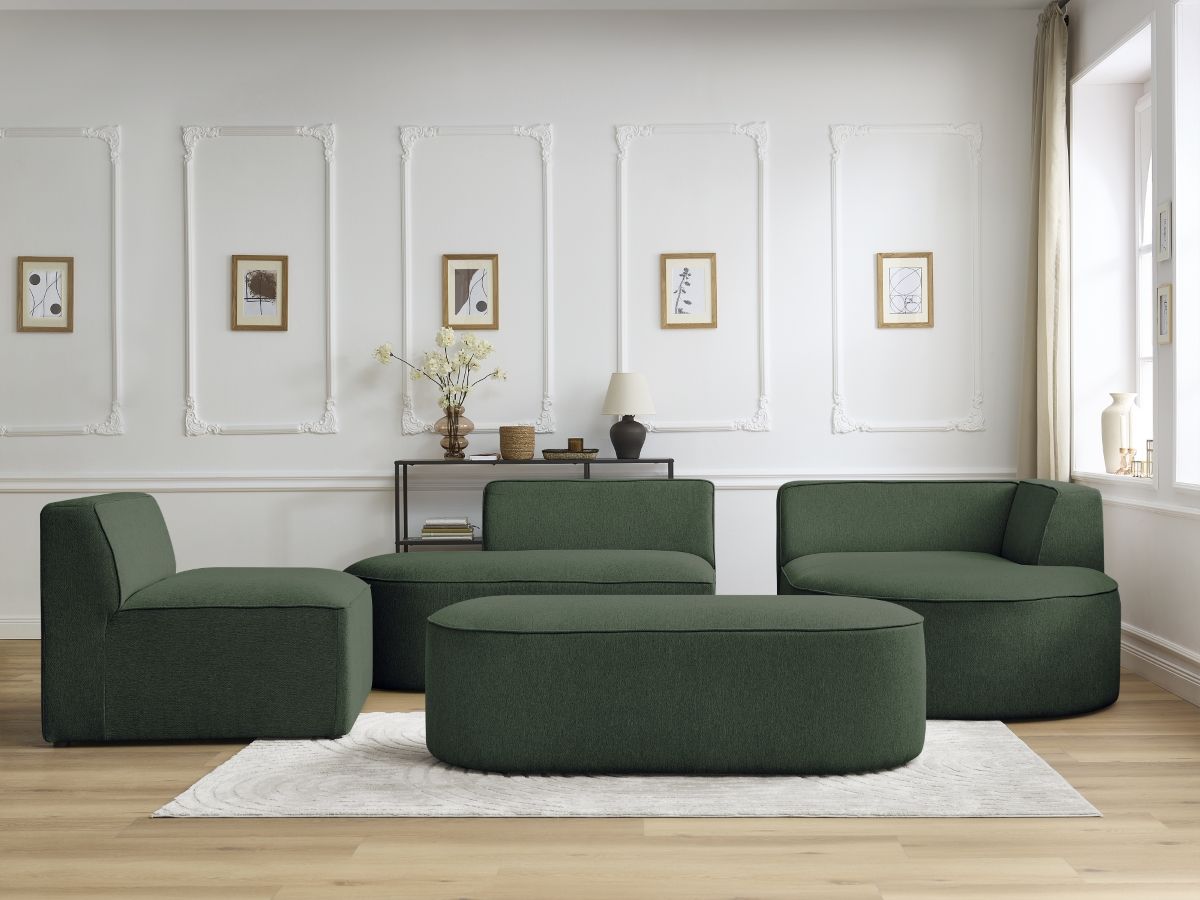 ROUSSEAU modulaire vaste hoekbank in gemêleerde stof met 1 fauteuil en 1 poef