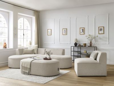 Canapé d'angle fixe modulable ROUSSEAU tissu chiné avec 1 chauffeuse et 1 pouf