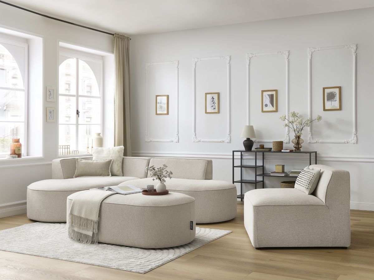 ROUSSEAU modulaire vaste hoekbank in gemêleerde stof met 1 fauteuil en 1 poef