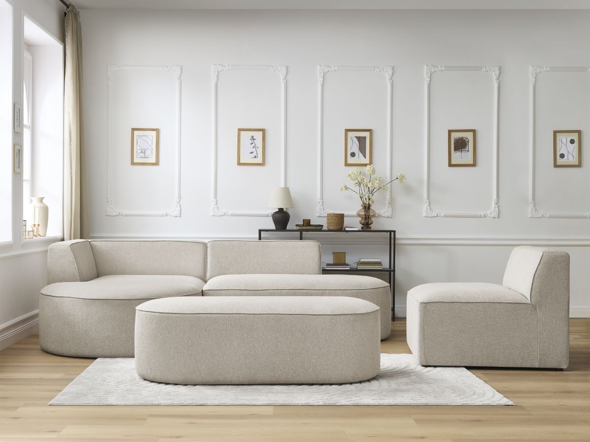 Canapé d'angle fixe modulable ROUSSEAU tissu chiné avec 1 chauffeuse et 1 pouf beige angle gauche BOBOCHIC 6 places - Vue supplémentaire 3