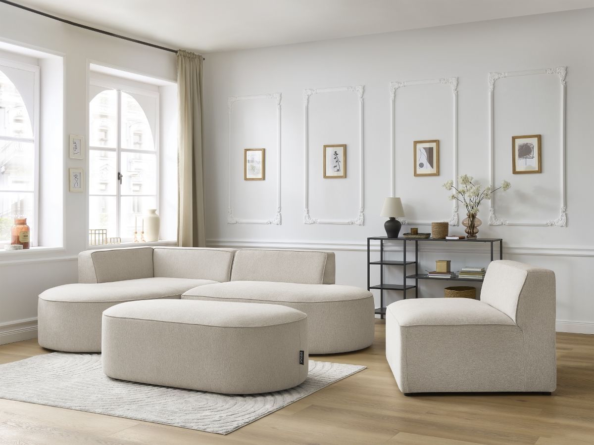 ROUSSEAU modulaire vaste hoekbank in gemêleerde stof met 1 fauteuil en 1 poef