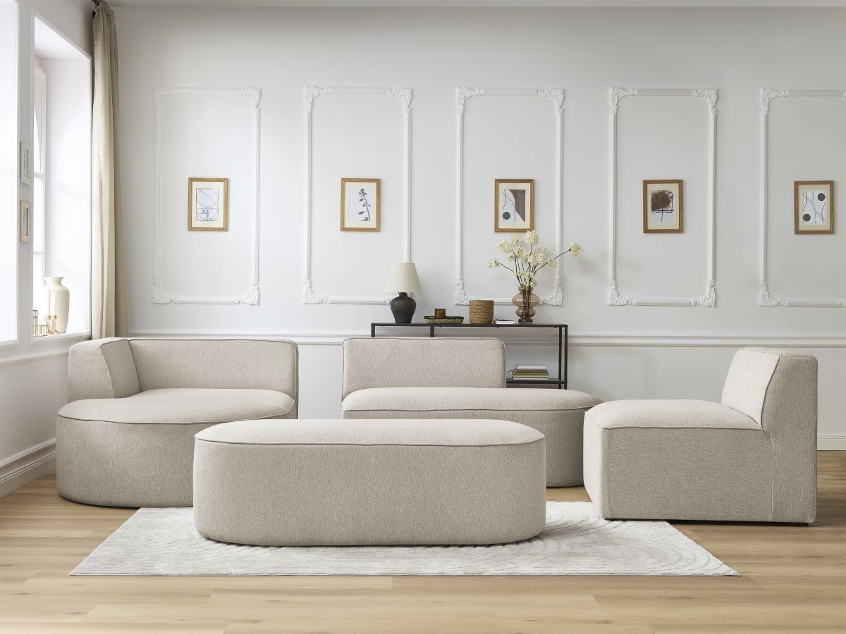 ROUSSEAU modulaire vaste hoekbank in gemêleerde stof met 1 fauteuil en 1 poef