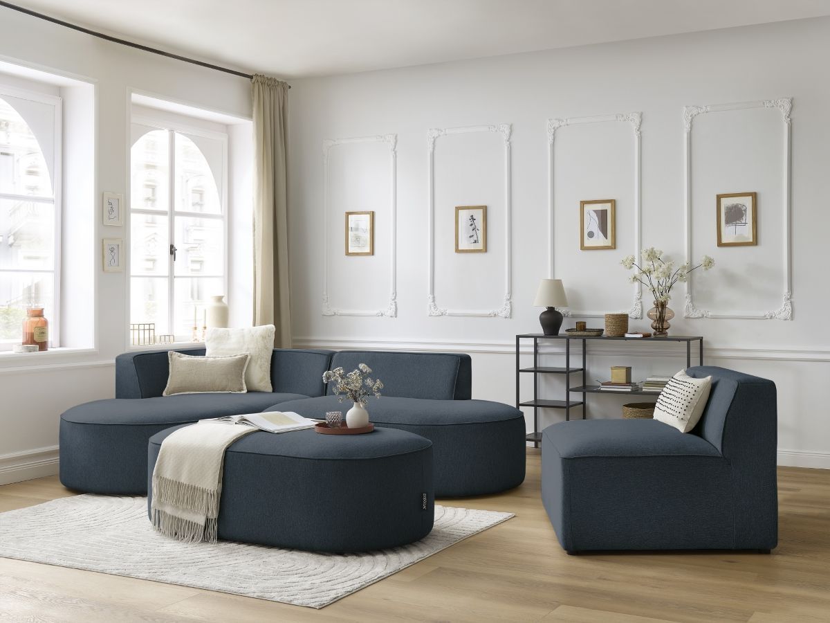 Canapé d'angle fixe modulable ROUSSEAU tissu chiné avec 1 chauffeuse et 1 pouf