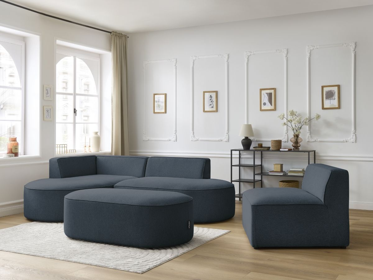 Canapé d'angle fixe modulable ROUSSEAU tissu chiné avec 1 chauffeuse et 1 pouf