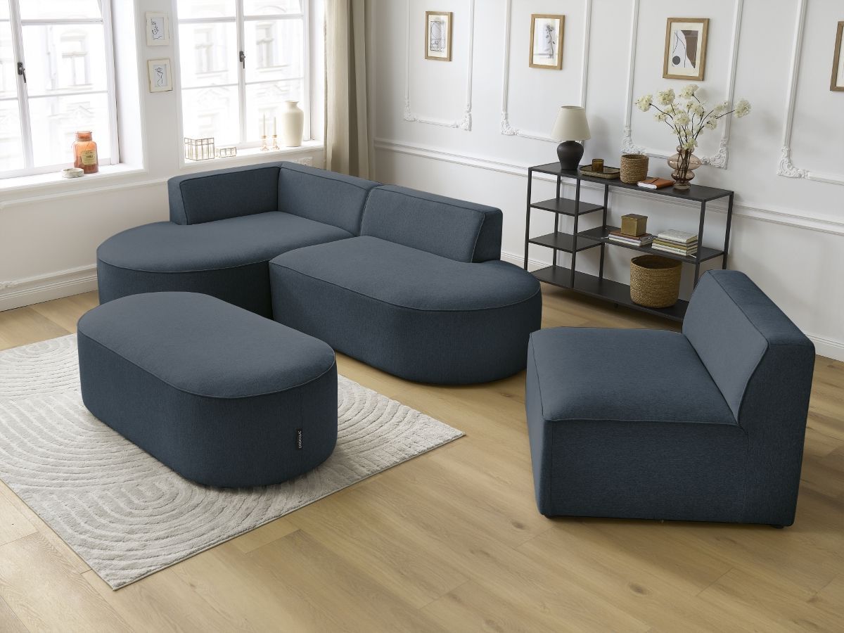 Canapé d'angle fixe modulable ROUSSEAU tissu chiné avec 1 chauffeuse et 1 pouf