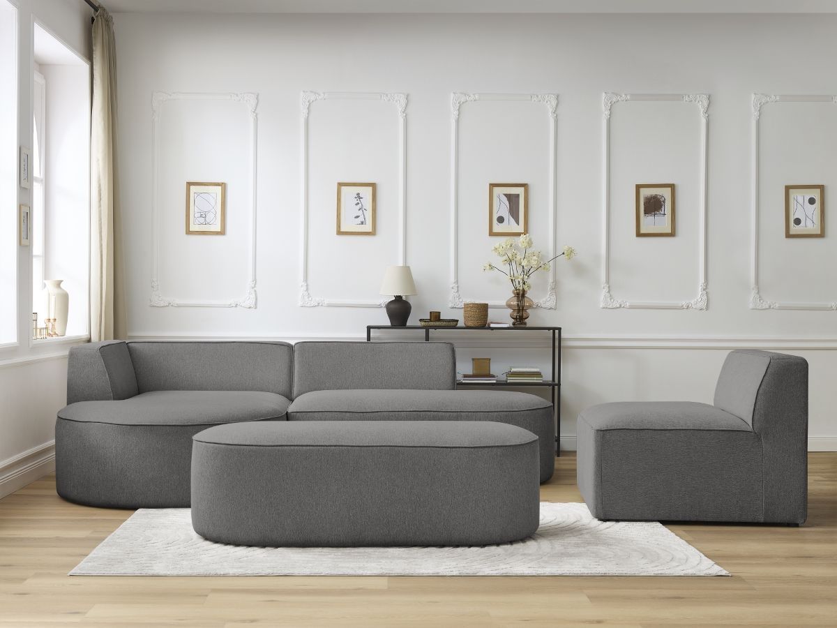 Canapé d'angle fixe modulable ROUSSEAU tissu chiné avec 1 chauffeuse et 1 pouf gris foncé angle gauche BOBOCHIC 6 places - Vue supplémentaire 3