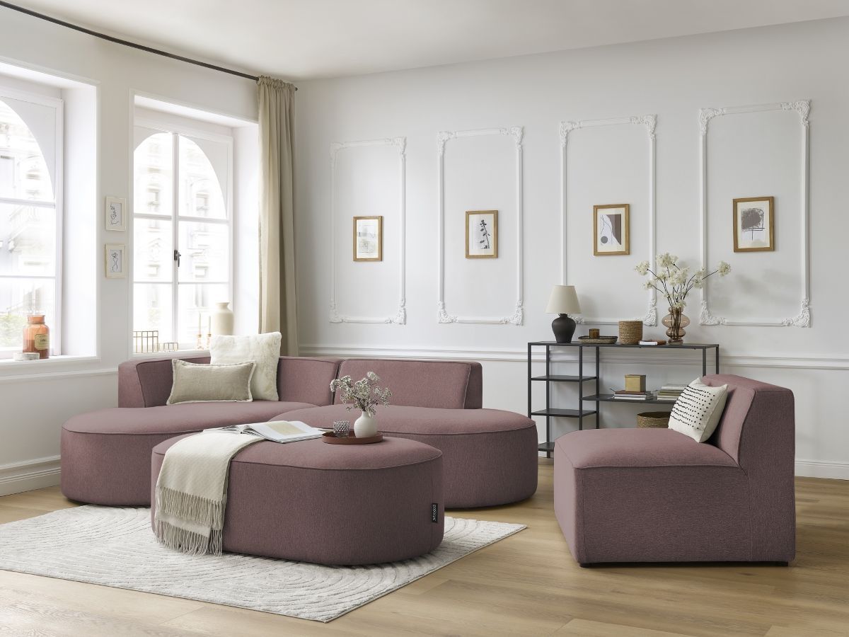 Canapé d'angle fixe modulable ROUSSEAU tissu chiné avec 1 chauffeuse et 1 pouf