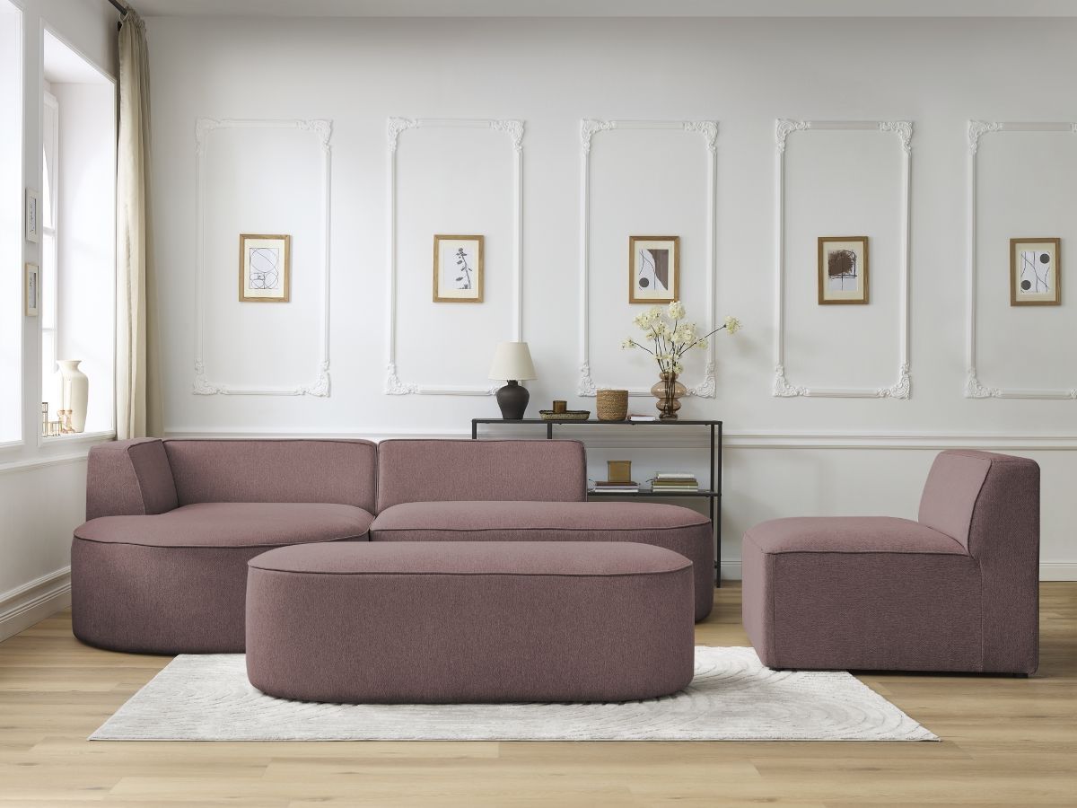 Canapé d'angle fixe modulable ROUSSEAU tissu chiné avec 1 chauffeuse et 1 pouf rose angle gauche BOBOCHIC 6 places - Vue supplémentaire 3