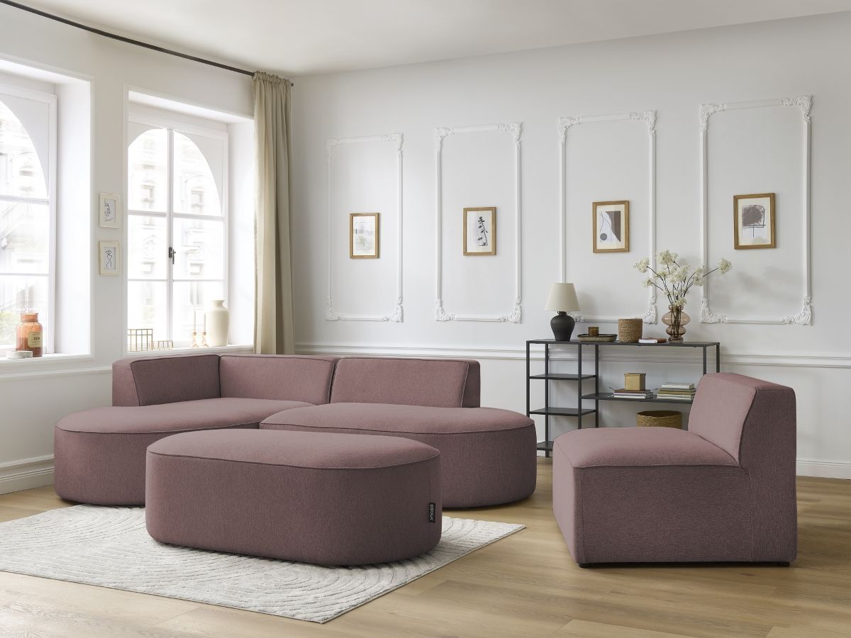 Canapé d'angle fixe modulable ROUSSEAU tissu chiné avec 1 chauffeuse et 1 pouf