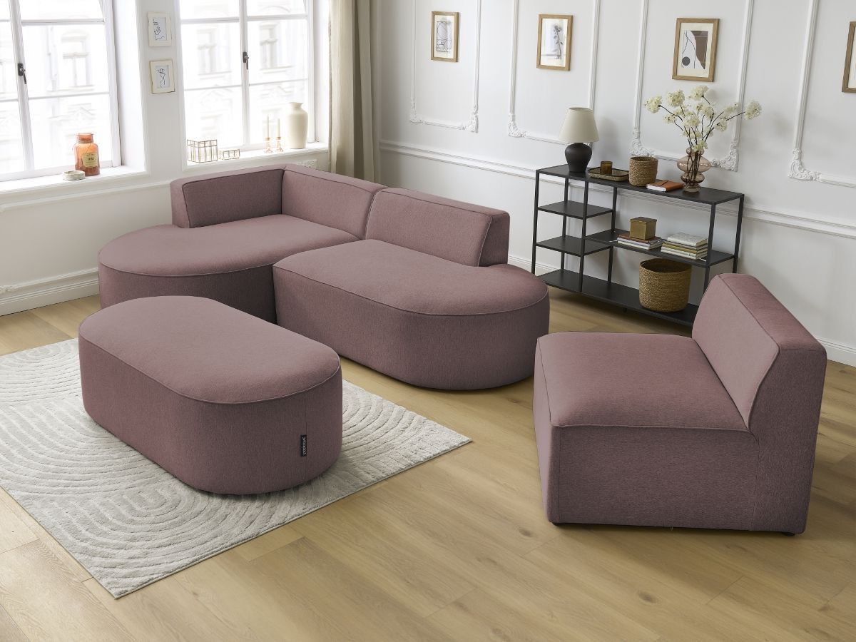 Canapé d'angle fixe modulable ROUSSEAU tissu chiné avec 1 chauffeuse et 1 pouf