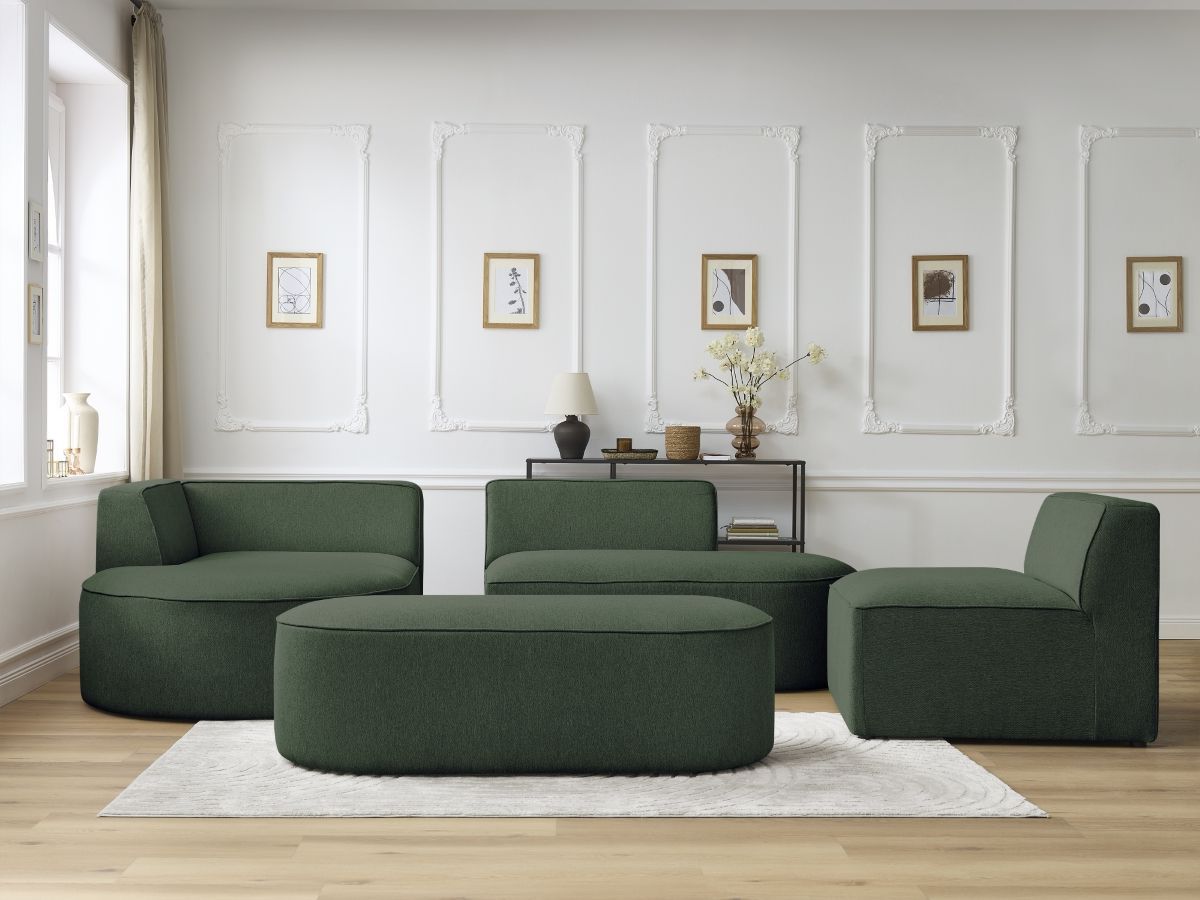 Canapé d'angle fixe modulable ROUSSEAU tissu chiné avec 1 chauffeuse et 1 pouf