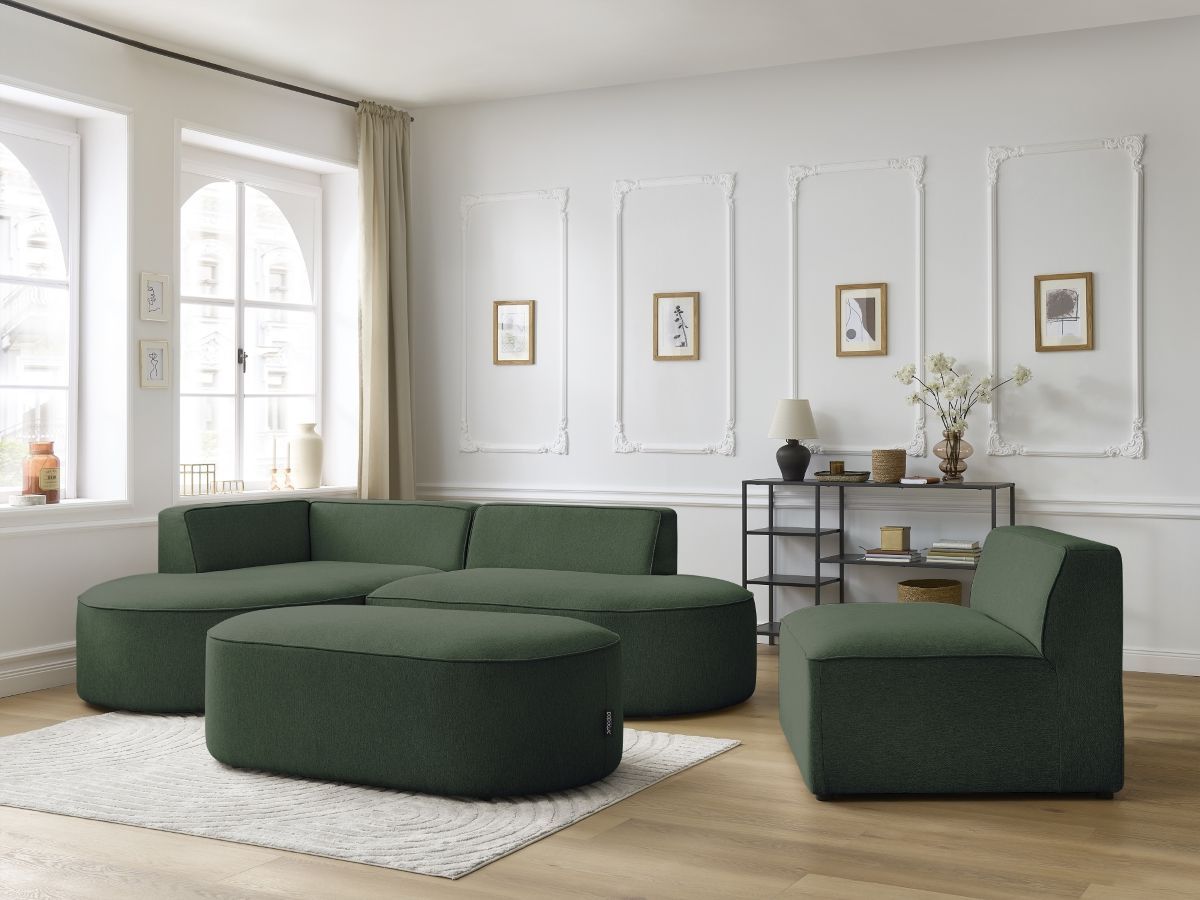 Canapé d'angle fixe modulable ROUSSEAU tissu chiné avec 1 chauffeuse et 1 pouf