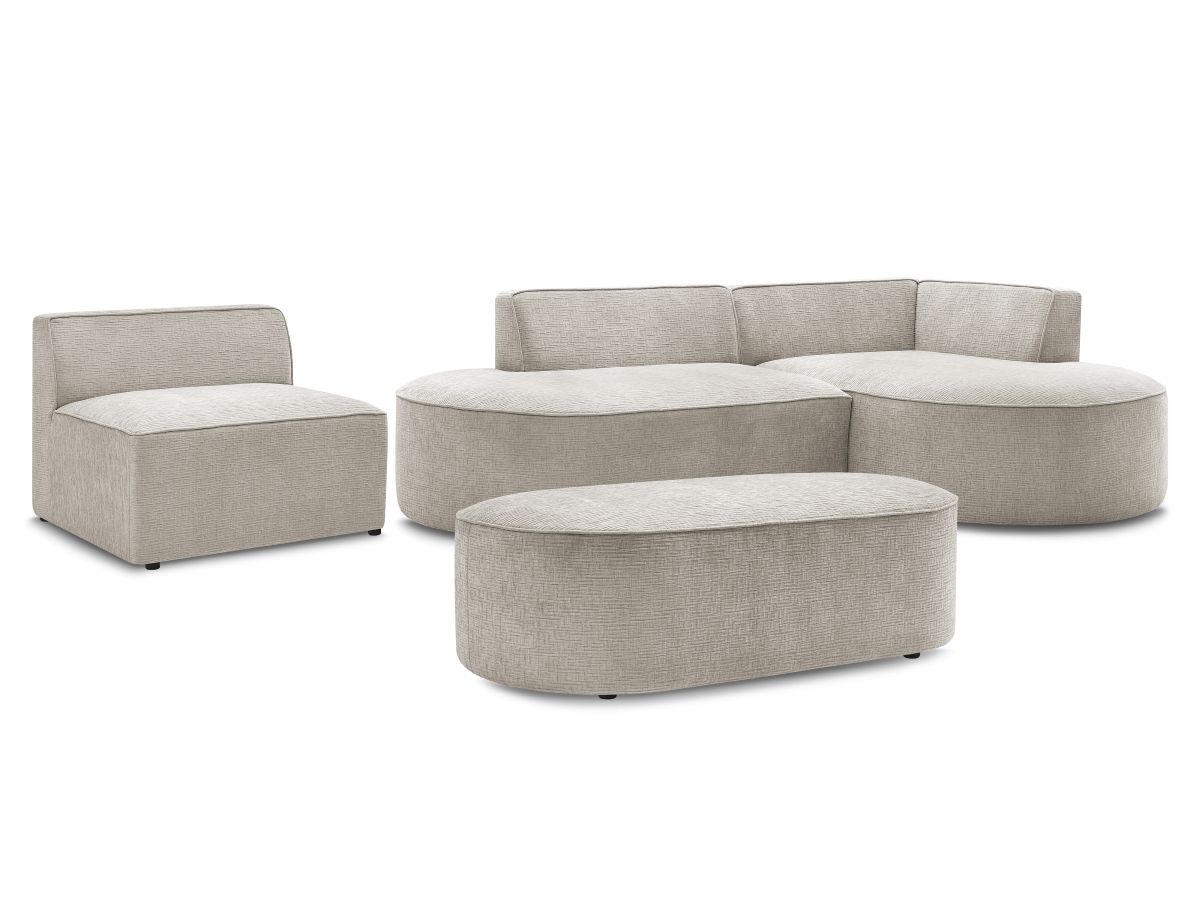 Canapé d'angle fixe modulable ROUSSEAU tissu texturé avec 1 chauffeuse et 1 pouf