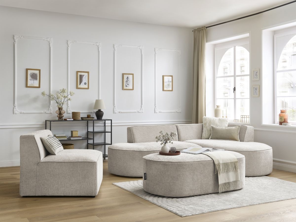 Canapé d'angle fixe modulable ROUSSEAU tissu texturé avec 1 chauffeuse et 1 pouf