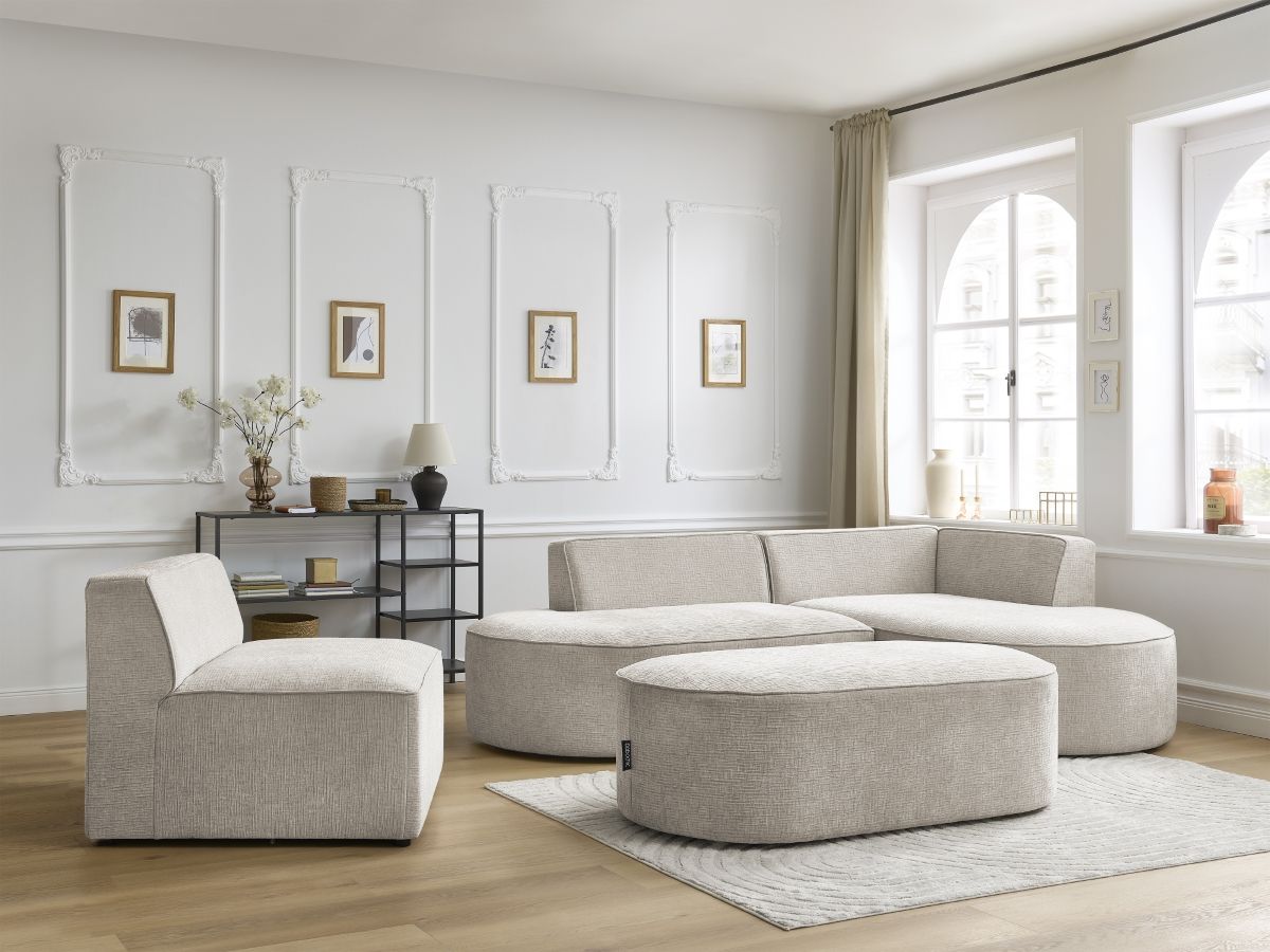 Canapé d'angle fixe modulable ROUSSEAU tissu texturé avec 1 chauffeuse et 1 pouf