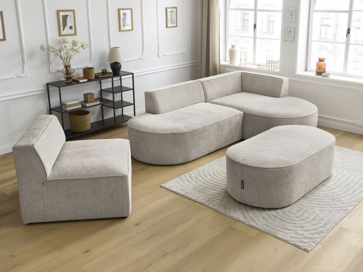 Canapé d'angle fixe modulable ROUSSEAU tissu texturé avec 1 chauffeuse et 1 pouf