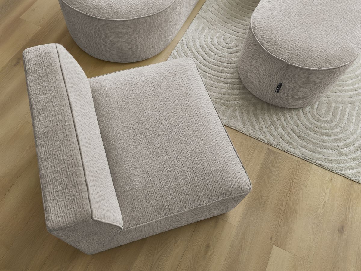 Canapé d'angle fixe modulable ROUSSEAU tissu texturé avec 1 chauffeuse et 1 pouf