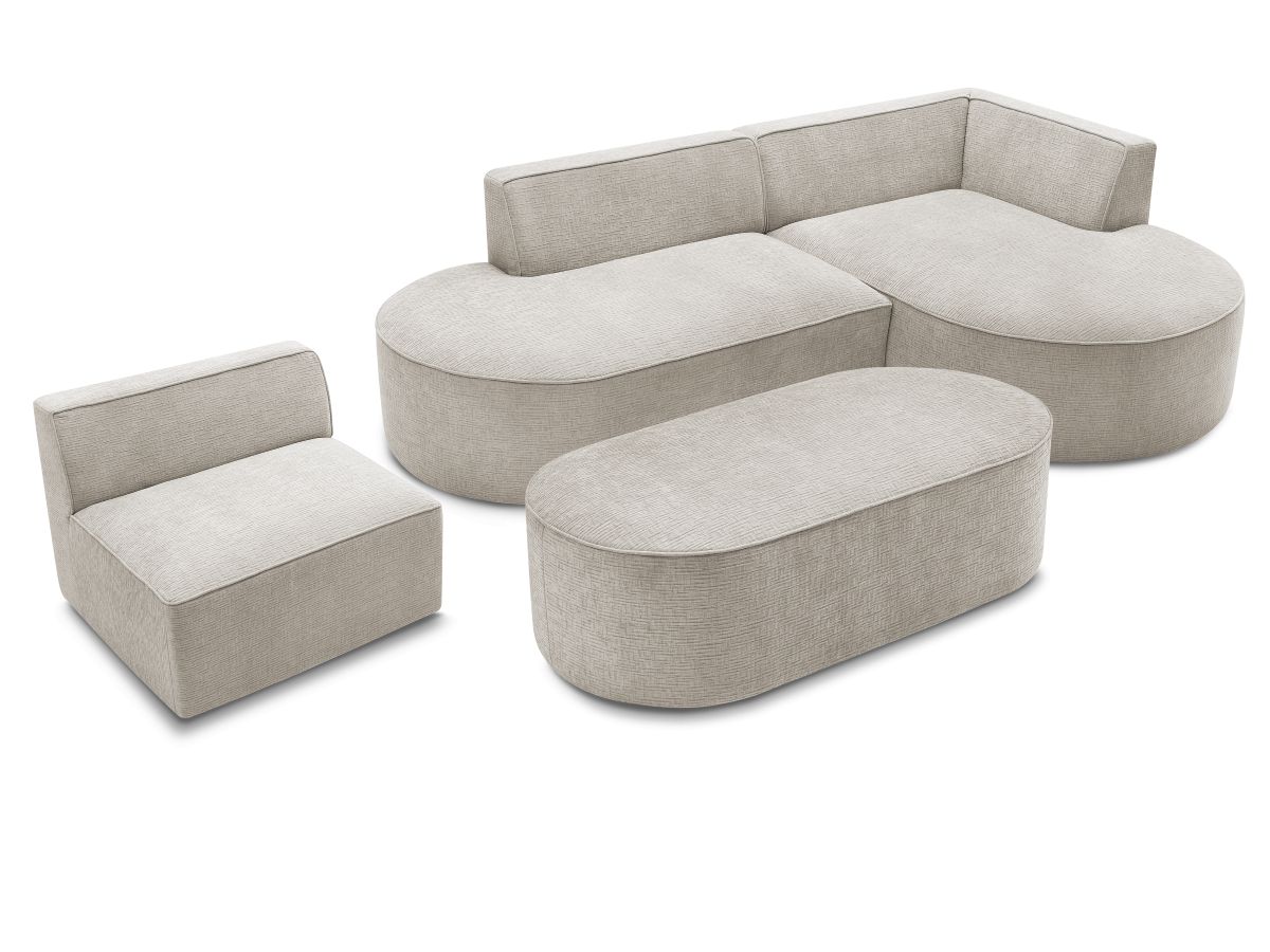 Canapé d'angle fixe modulable ROUSSEAU tissu texturé avec 1 chauffeuse et 1 pouf