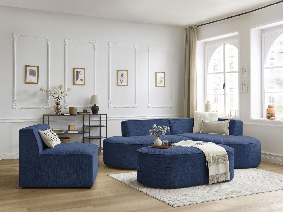 Canapé d'angle fixe modulable ROUSSEAU tissu texturé avec 1 chauffeuse et 1 pouf
