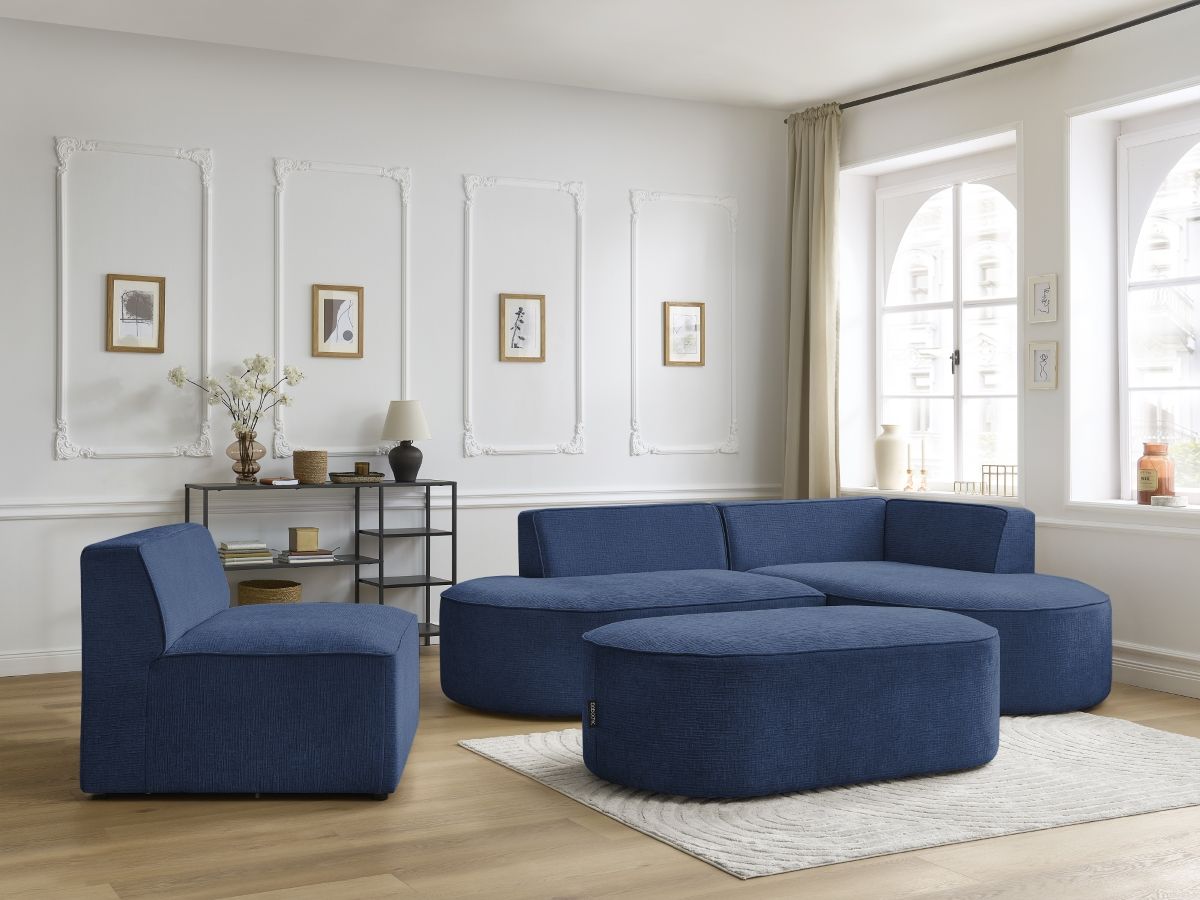 Canapé d'angle fixe modulable ROUSSEAU tissu texturé avec 1 chauffeuse et 1 pouf