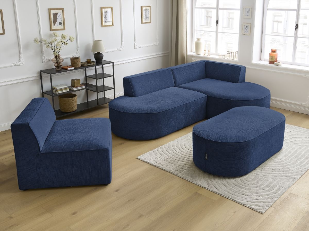 Canapé d'angle fixe modulable ROUSSEAU tissu texturé avec 1 chauffeuse et 1 pouf