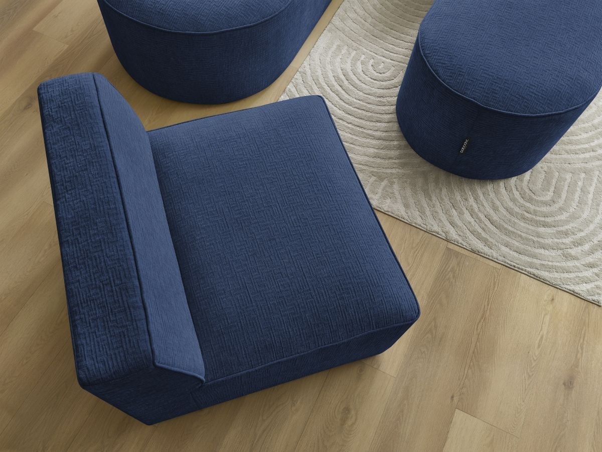 Canapé d'angle fixe modulable ROUSSEAU tissu texturé avec 1 chauffeuse et 1 pouf