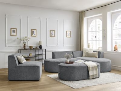 Canapé d'angle fixe modulable ROUSSEAU tissu texturé avec 1 chauffeuse et 1 pouf