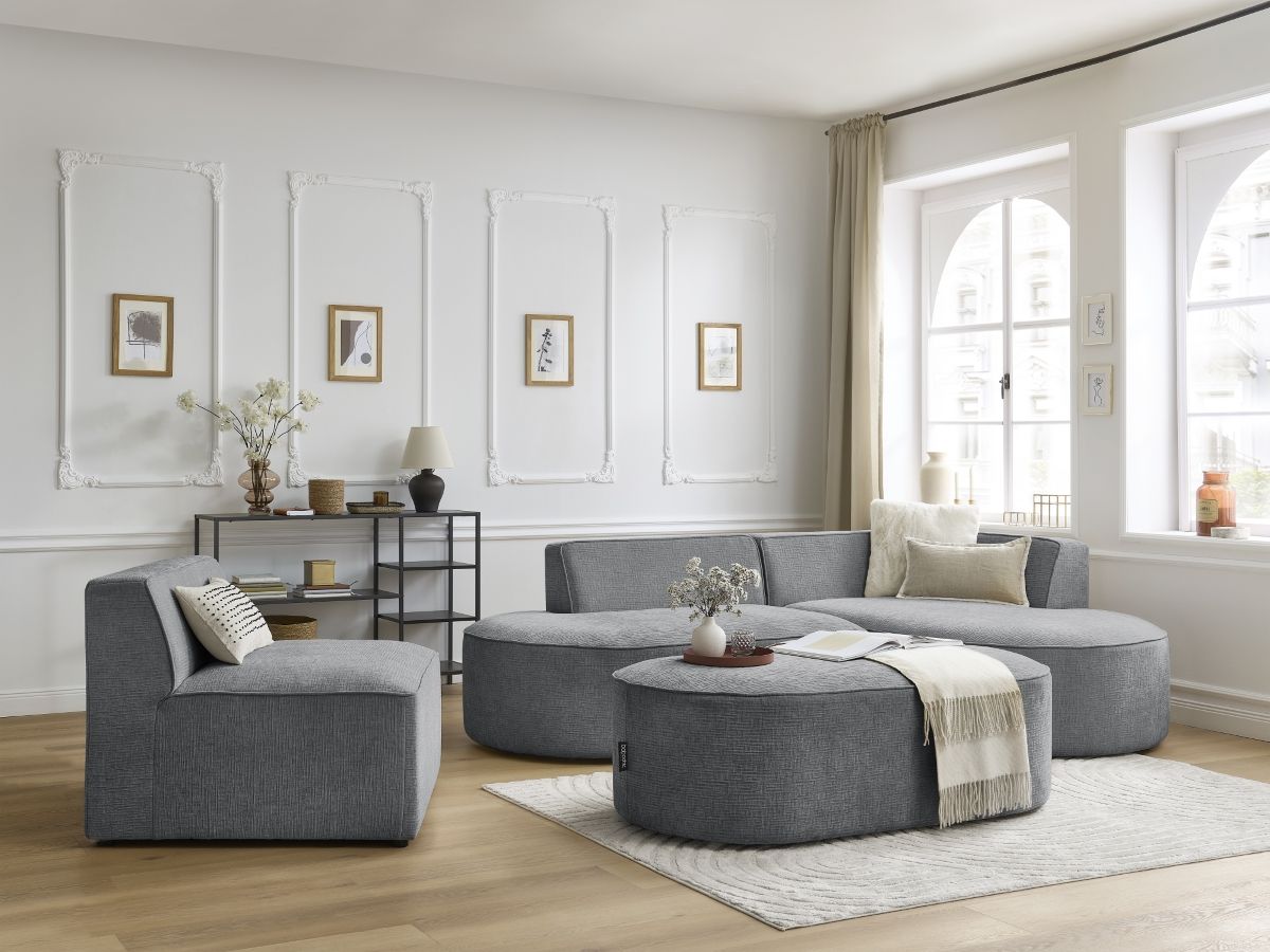 Canapé d'angle fixe modulable ROUSSEAU tissu texturé avec 1 chauffeuse et 1 pouf
