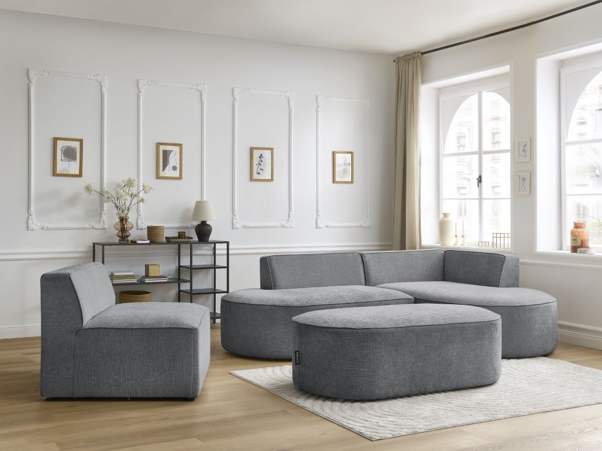 Canapé d'angle fixe modulable ROUSSEAU tissu texturé avec 1 chauffeuse et 1 pouf