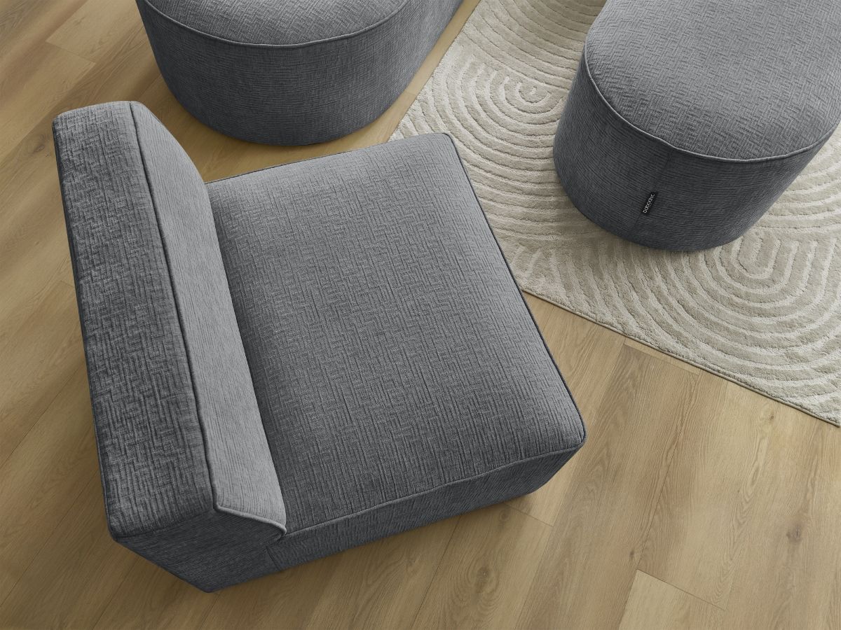 Canapé d'angle fixe modulable ROUSSEAU tissu texturé avec 1 chauffeuse et 1 pouf