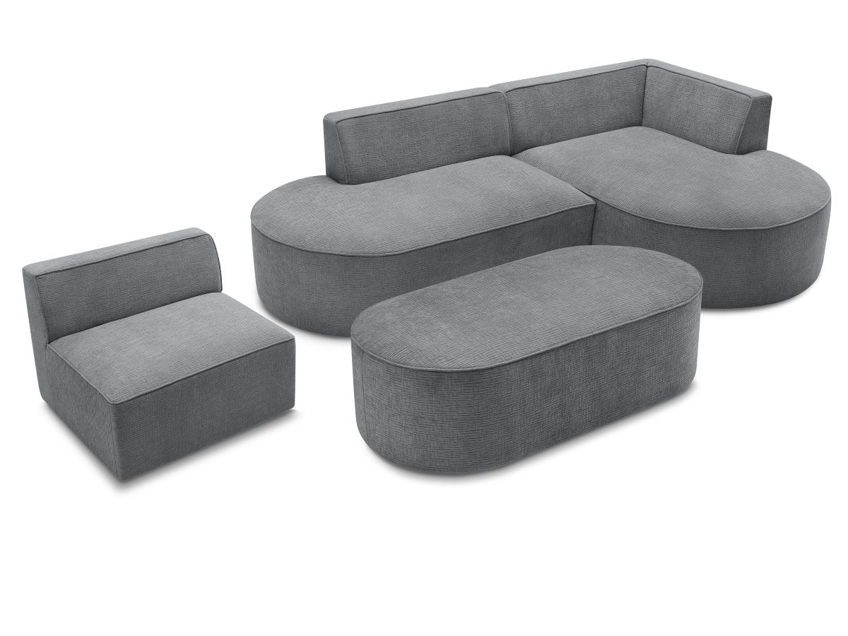Canapé d'angle fixe modulable ROUSSEAU tissu texturé avec 1 chauffeuse et 1 pouf