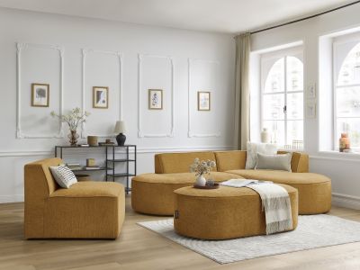 Canapé d'angle fixe modulable ROUSSEAU tissu texturé avec 1 chauffeuse et 1 pouf