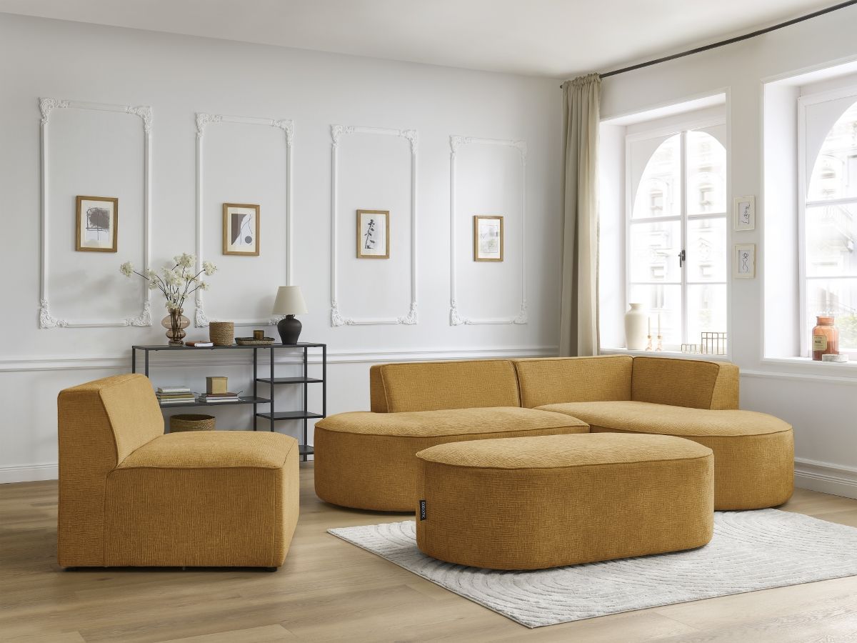 Canapé d'angle fixe modulable ROUSSEAU tissu texturé avec 1 chauffeuse et 1 pouf