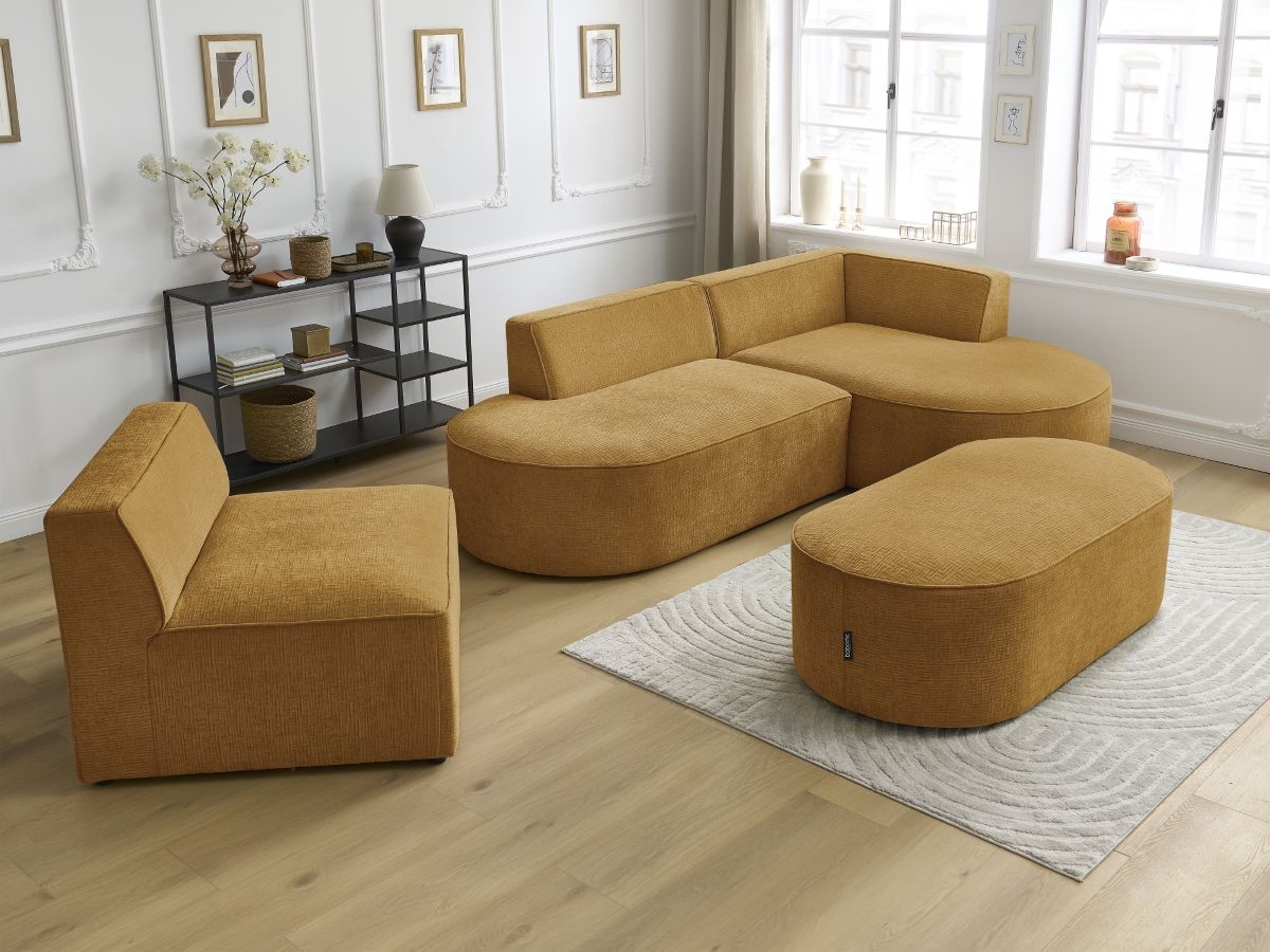 Canapé d'angle fixe modulable ROUSSEAU tissu texturé avec 1 chauffeuse et 1 pouf