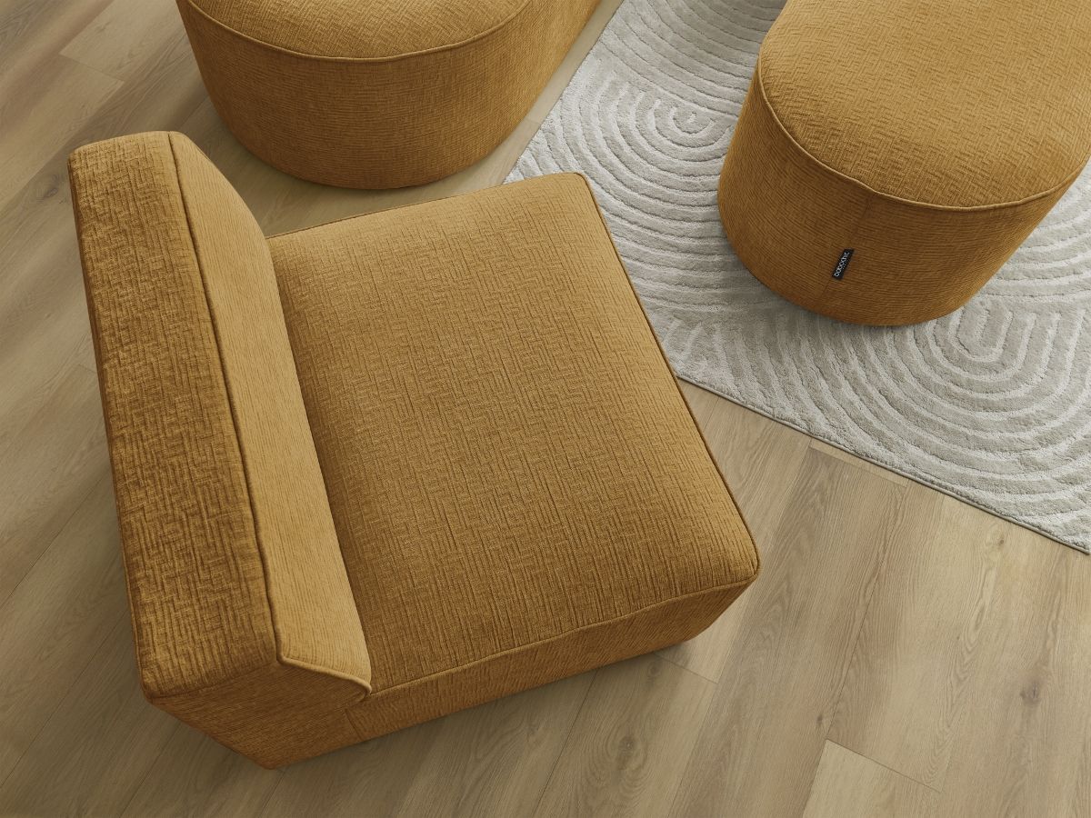 Canapé d'angle fixe modulable ROUSSEAU tissu texturé avec 1 chauffeuse et 1 pouf