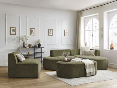 Canapé d'angle fixe modulable ROUSSEAU tissu texturé avec 1 chauffeuse et 1 pouf