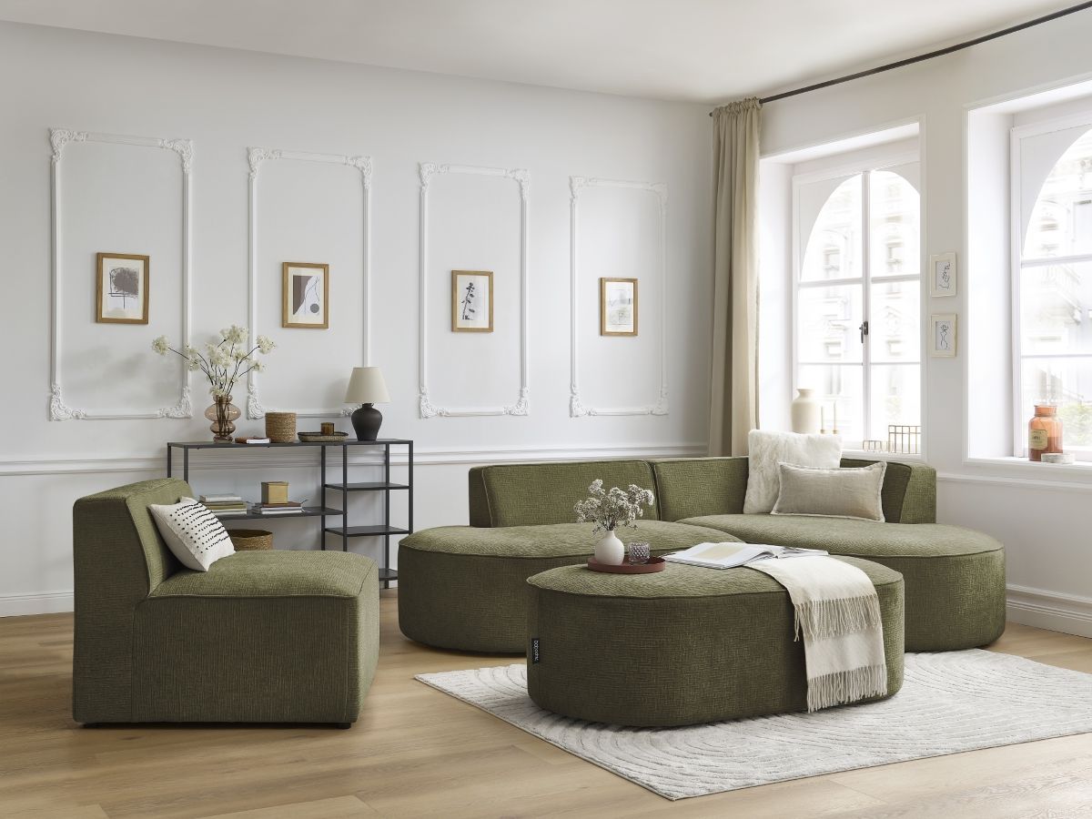 Canapé d'angle fixe modulable ROUSSEAU tissu texturé avec 1 chauffeuse et 1 pouf