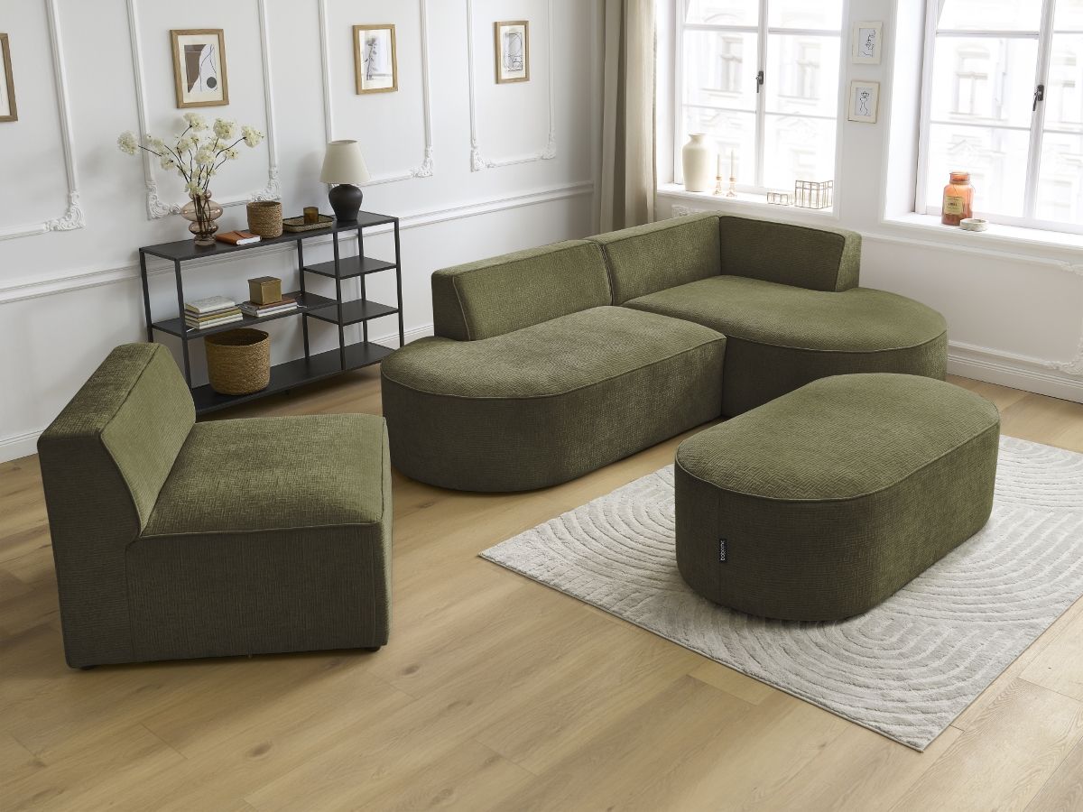 Canapé d'angle fixe modulable ROUSSEAU tissu texturé avec 1 chauffeuse et 1 pouf