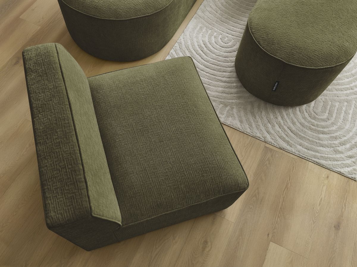 Canapé d'angle fixe modulable ROUSSEAU tissu texturé avec 1 chauffeuse et 1 pouf
