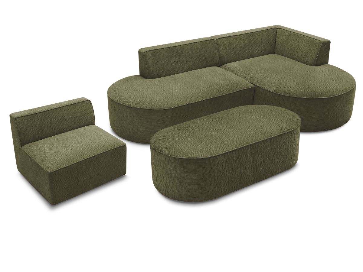 Canapé d'angle fixe modulable ROUSSEAU tissu texturé avec 1 chauffeuse et 1 pouf
