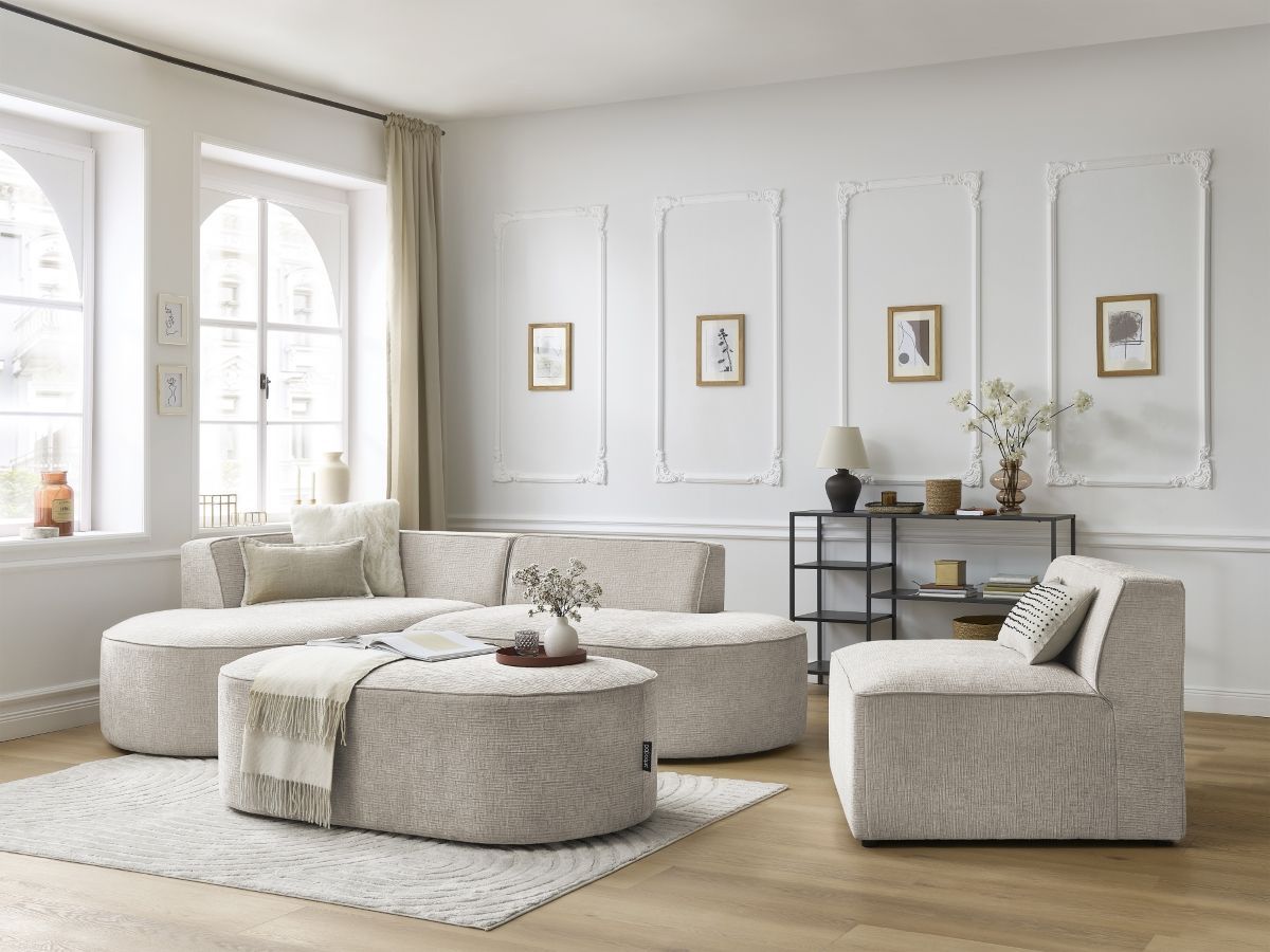 Canapé d'angle fixe modulable ROUSSEAU tissu texturé avec 1 chauffeuse et 1 pouf