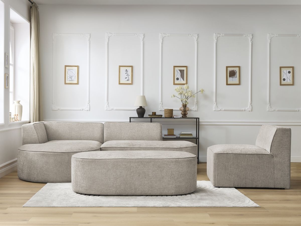 Canapé d'angle fixe modulable ROUSSEAU tissu texturé avec 1 chauffeuse et 1 pouf beige angle gauche BOBOCHIC 6 places - Vue supplémentaire 3