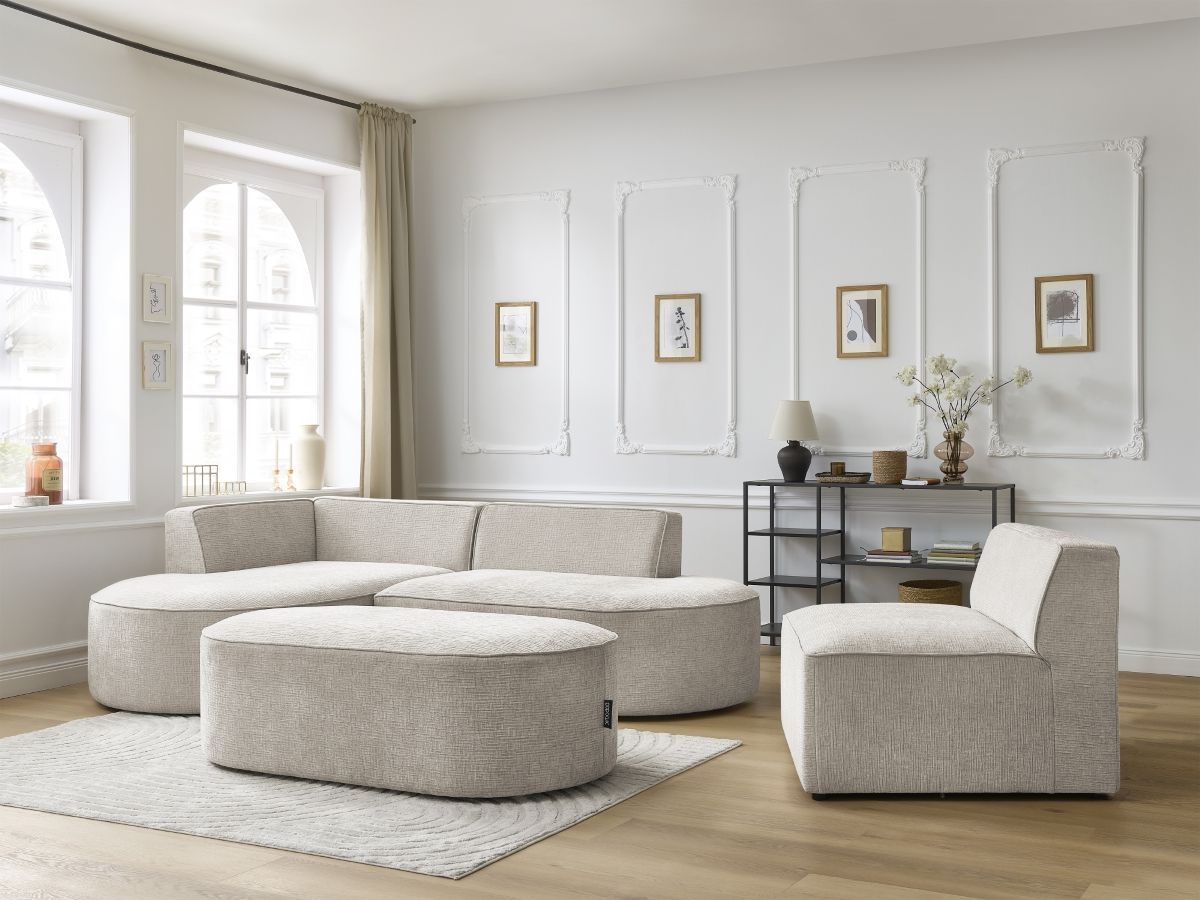 Canapé d'angle fixe modulable ROUSSEAU tissu texturé avec 1 chauffeuse et 1 pouf