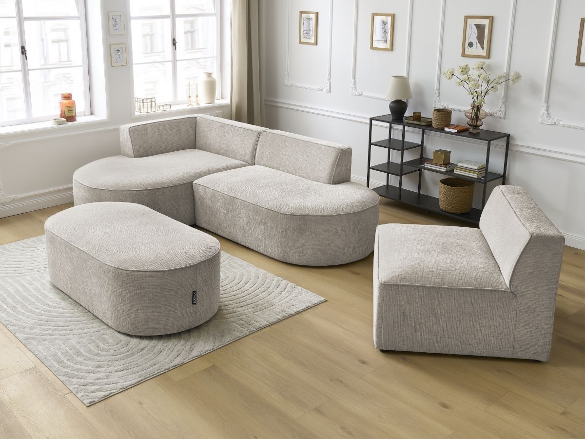 Canapé d'angle fixe modulable ROUSSEAU tissu texturé avec 1 chauffeuse et 1 pouf