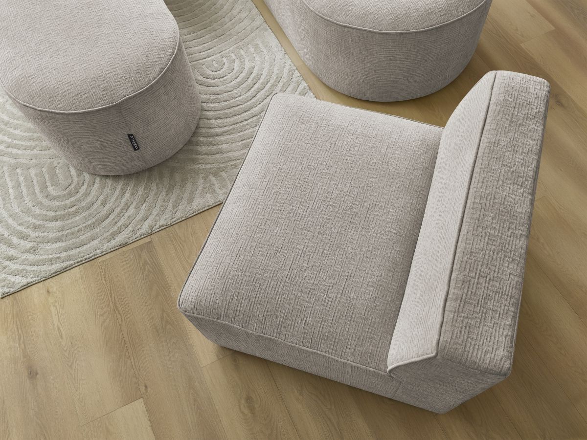 Canapé d'angle fixe modulable ROUSSEAU tissu texturé avec 1 chauffeuse et 1 pouf