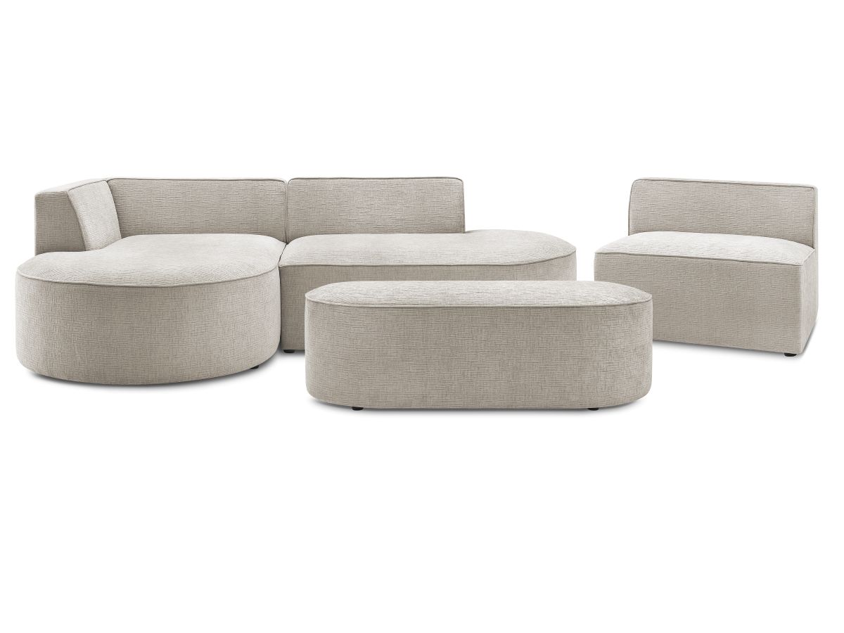 Canapé d'angle fixe modulable ROUSSEAU tissu texturé avec 1 chauffeuse et 1 pouf