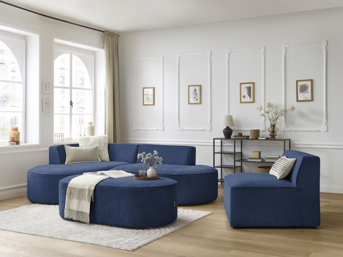 Canapé d'angle fixe modulable ROUSSEAU tissu texturé avec 1 chauffeuse et 1 pouf