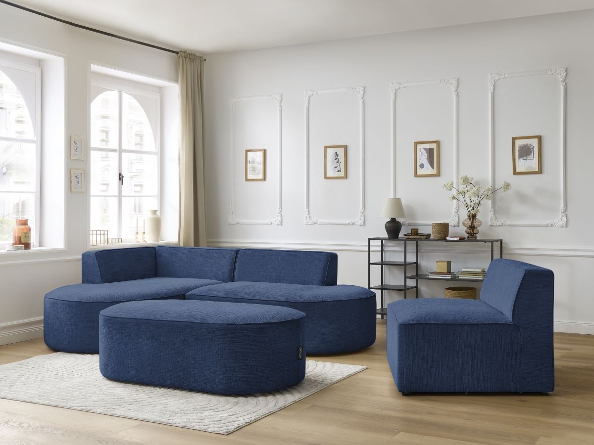 Canapé d'angle fixe modulable ROUSSEAU tissu texturé avec 1 chauffeuse et 1 pouf