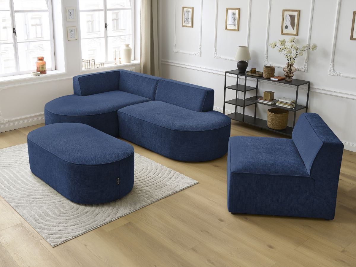 Canapé d'angle fixe modulable ROUSSEAU tissu texturé avec 1 chauffeuse et 1 pouf